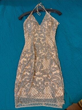 Primavera Couture Nude Halter Mini Dress with Silver Beading